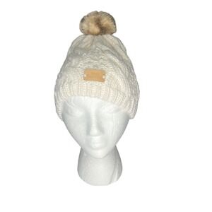 Aran Tradition Cream Cable Knit Faux Fur Pom Pom Beanie Hat